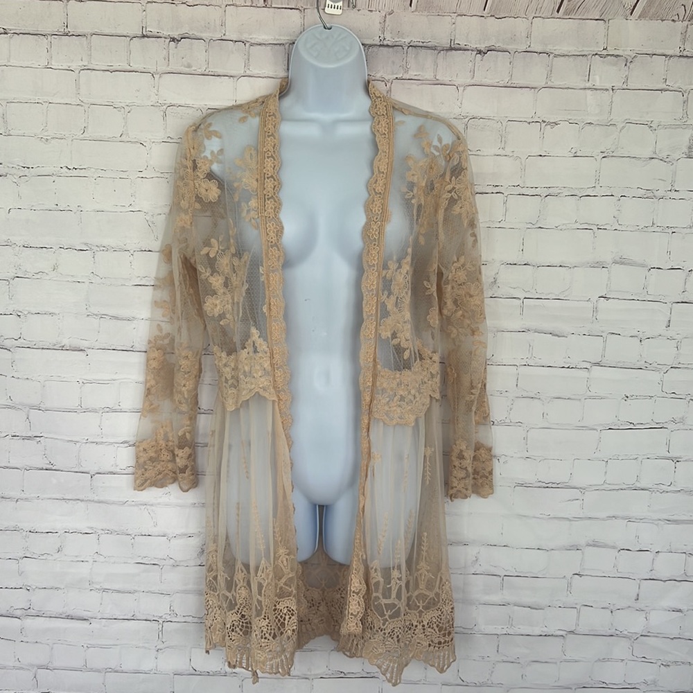 Vasna beige sheer floral embroidery open cardigan